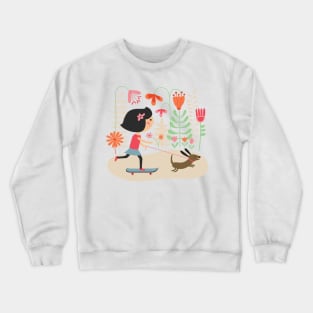 Girl on skateboard with her dog Crewneck Sweatshirt